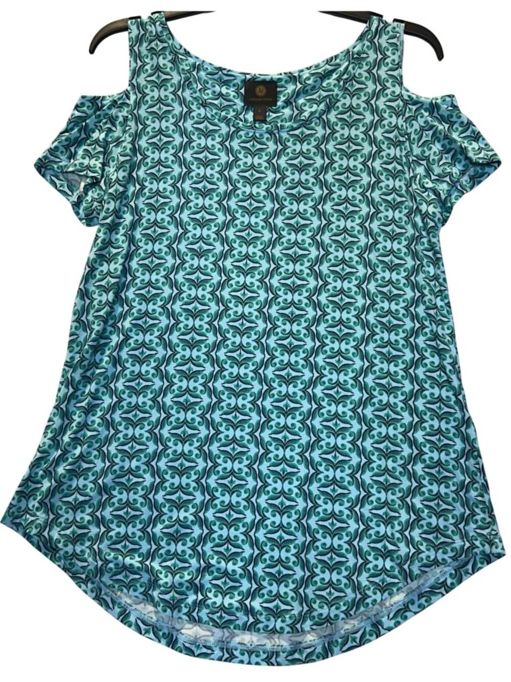 JM Collection Womens Small Blue & Green Cold Shoulder Top With Geometric Print